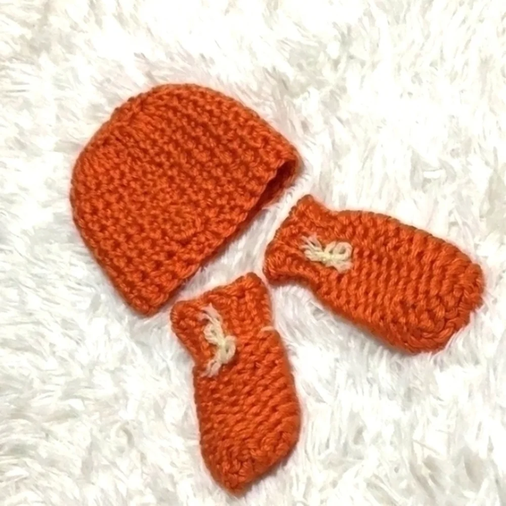 Hand Crocheted Beanie & Bow Mittens-3-6 Months